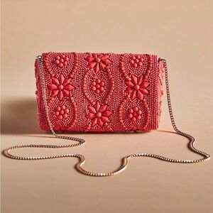 Anthropologie Beaded Floral Clutch Party Bag Coral Color with Gold Chain Strap